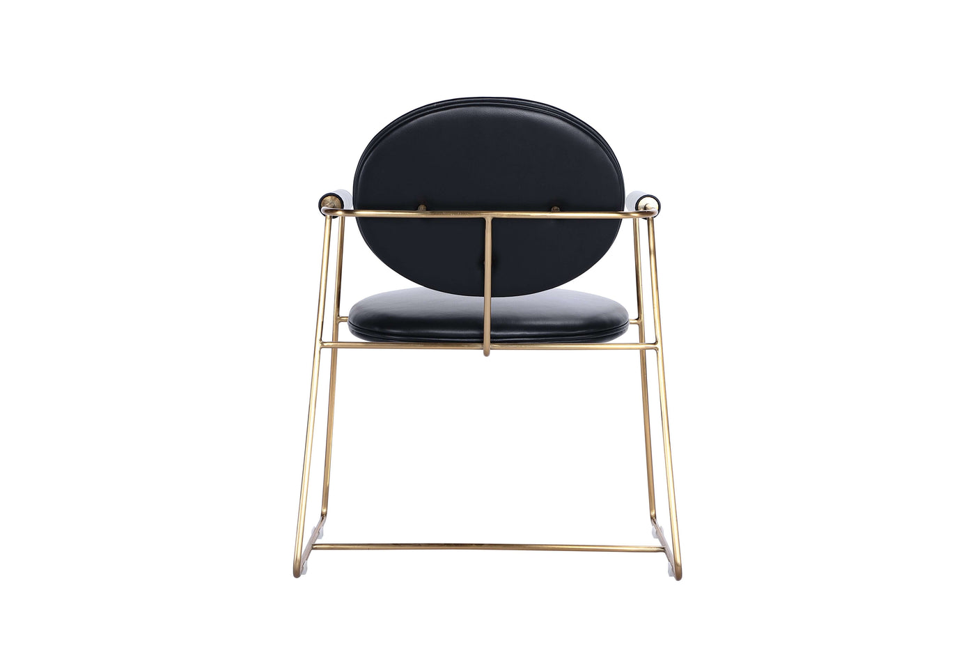Mera chair with bent metal frame and upholstered seat in black leather, featuring a stylish gold finish.