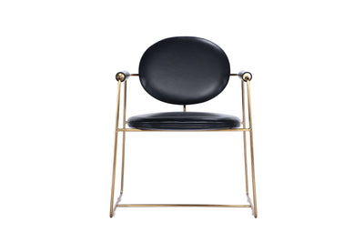 Mera chair with black leather seat and gold metal frame, featuring an elegant design for modern dining rooms.