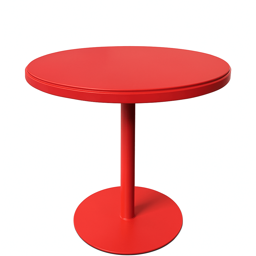 Retro round coffee shop table in bright red color, perfect for small spaces and commercial use.