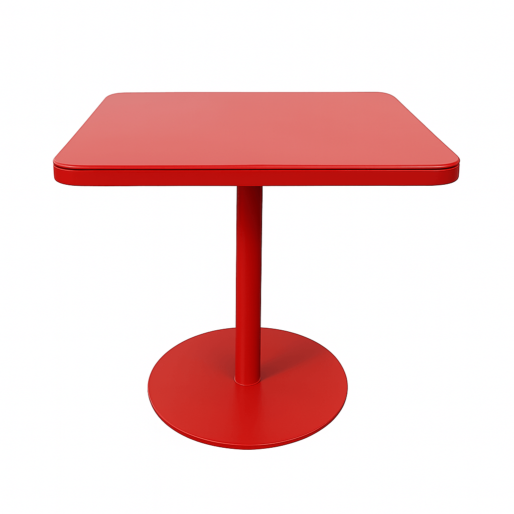 Retro red coffee shop table with a metal base, ideal for small spaces and commercial use, 29.5 inch height.