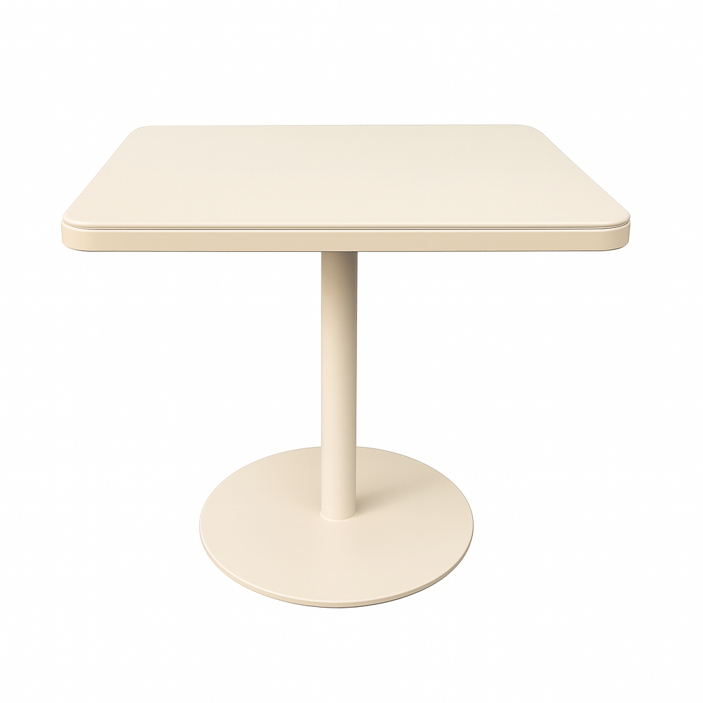 Retro coffee shop table in cream color with round metal base, perfect for small spaces and restaurants.