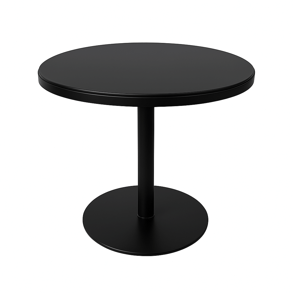 Retro black round coffee shop table with metal base, ideal for small spaces or restaurants.