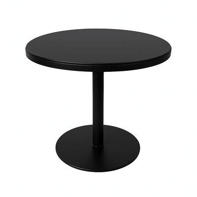 Retro black round coffee shop table with metal base, ideal for small spaces or restaurants.