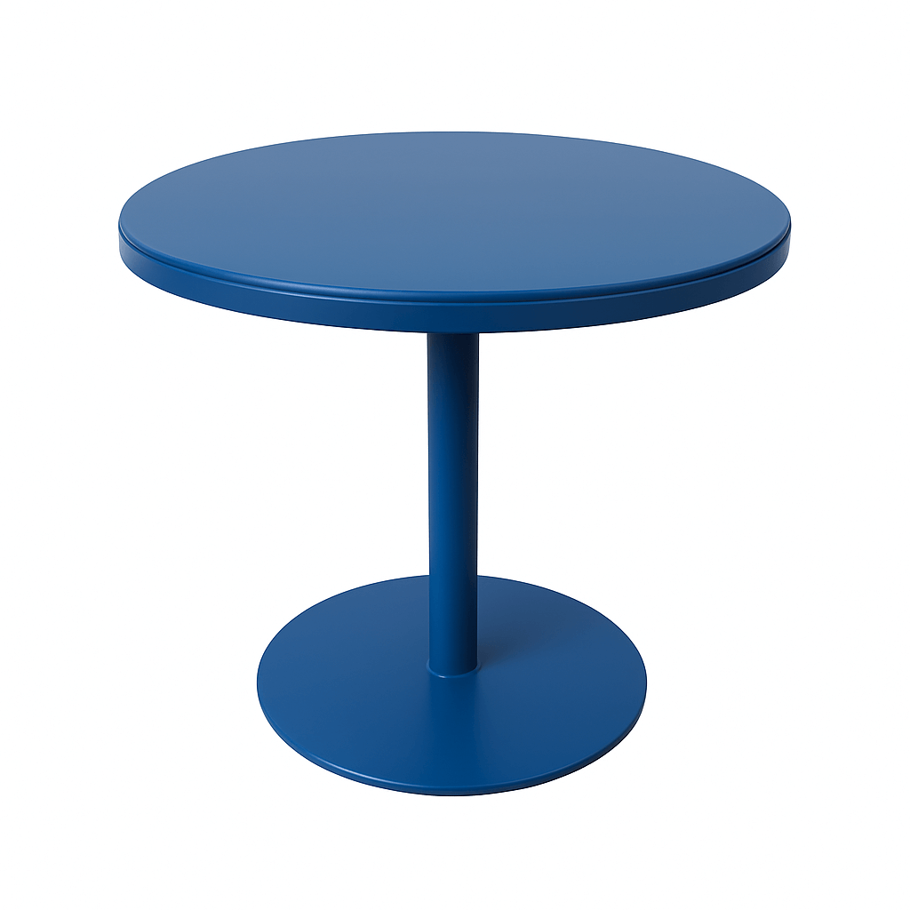 Retro blue coffee shop table, 30-inch round design, ideal for small spaces and commercial use.