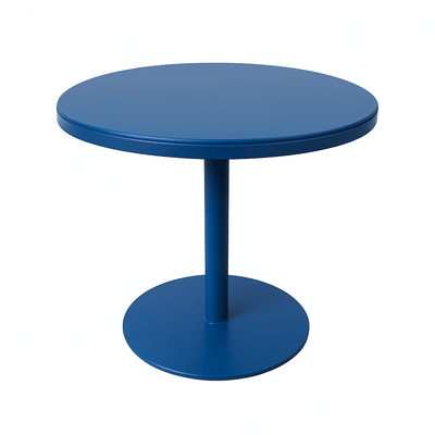 Retro blue coffee shop table, 30-inch round design, ideal for small spaces and commercial use.