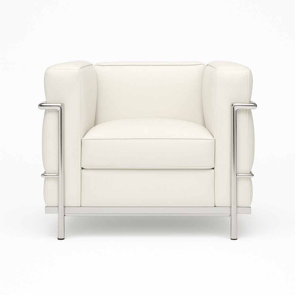 LC2 Petite chair in white leather with chrome frame, showcasing classic mid-century modern design.