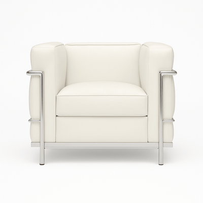 LC2 Petite chair in white leather with chrome frame, showcasing classic mid-century modern design.