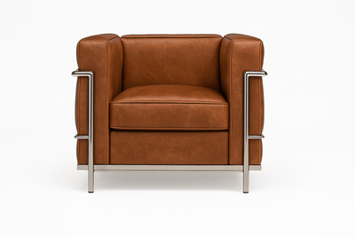 LC2 petite mid-century modern leather chair with stainless steel frame, dimensions W 29.9" x D 27.6" x H 27.6".