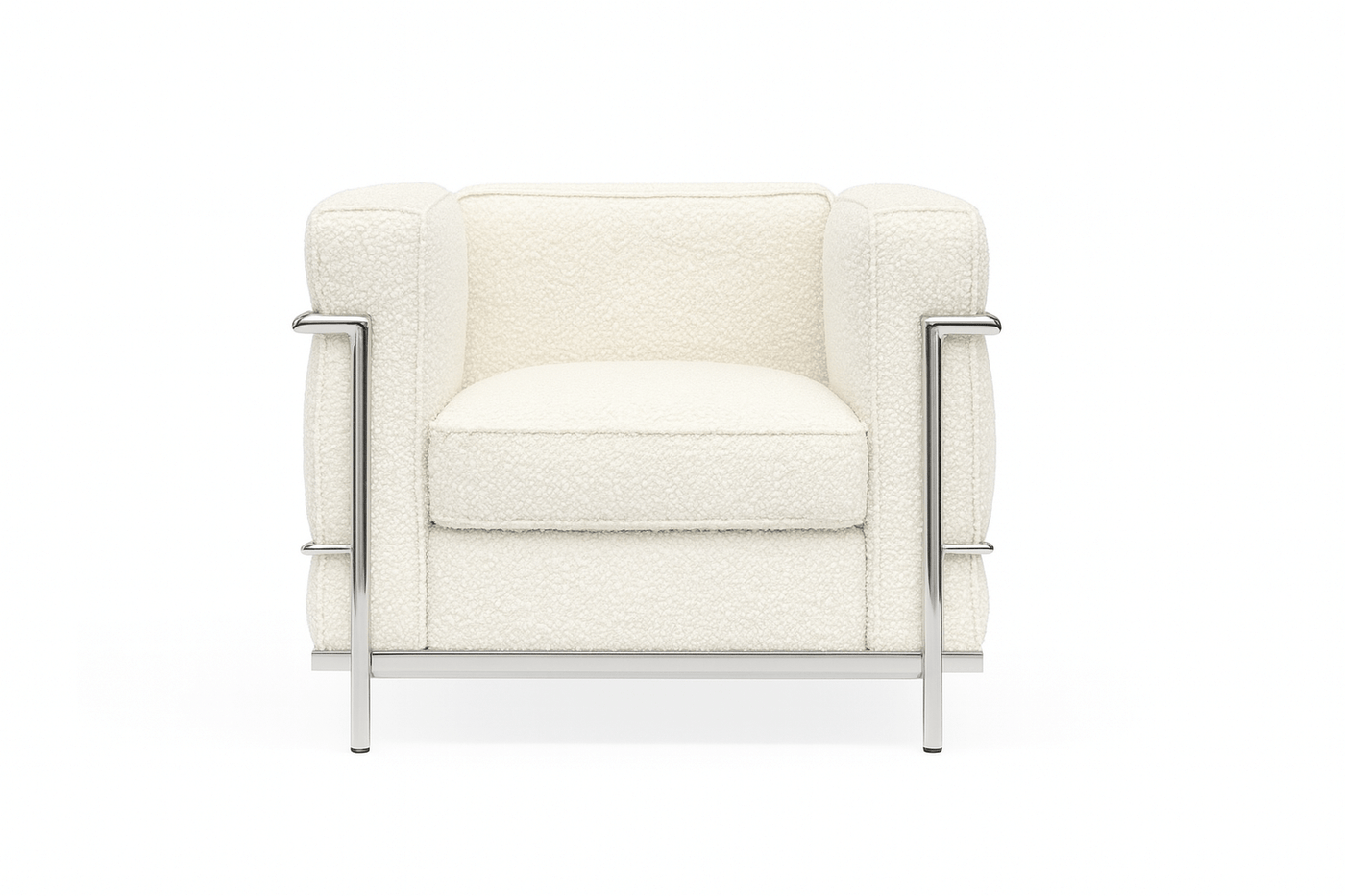 LC2 petite armchair in soft cream fabric with chrome accents, classic mid-century modern design, perfect for stylish interiors.