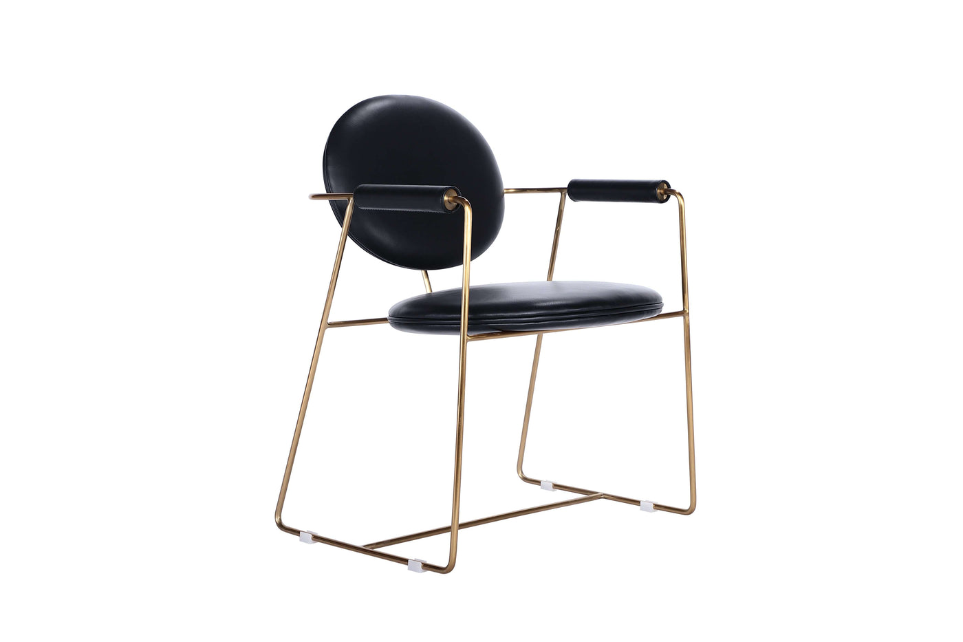 Mera chair with bent metal frame, upholstered seating cushion, and gold accents, perfect for stylish dining rooms.