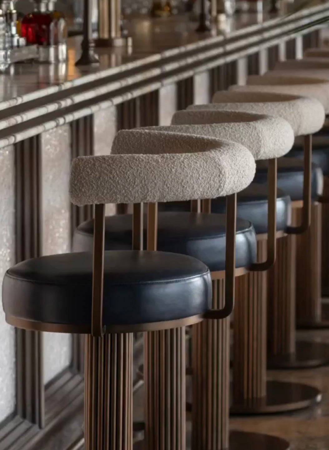 Steam punk Bar stools with back Bronze base and backrest. Black leather seat / Cream backrest