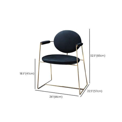 Mera chair with a sleek black design, gold frame, plush cushion, and modern measurements for dining room elegance.