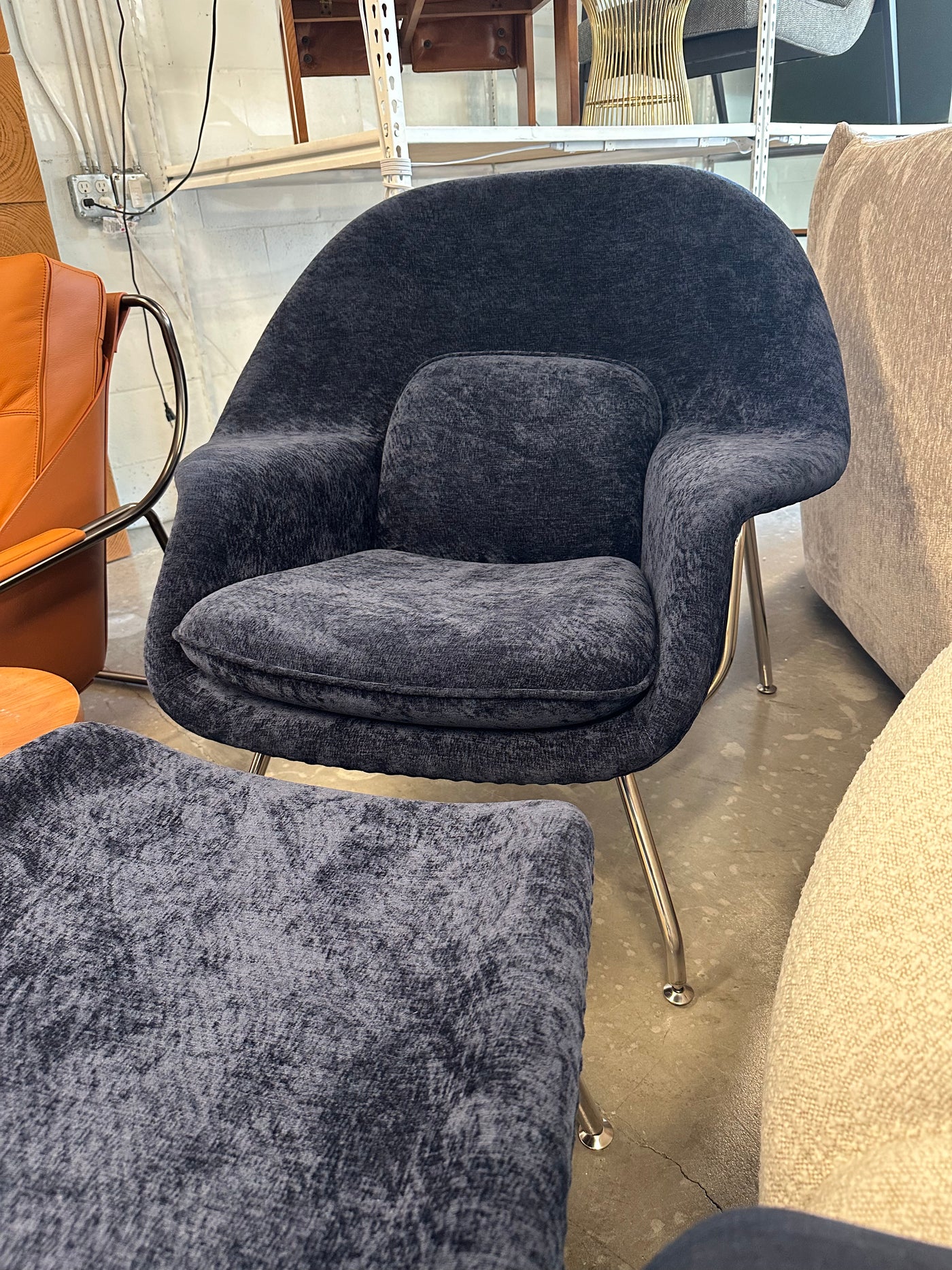 Blue soft chenille womb chair & ottoman