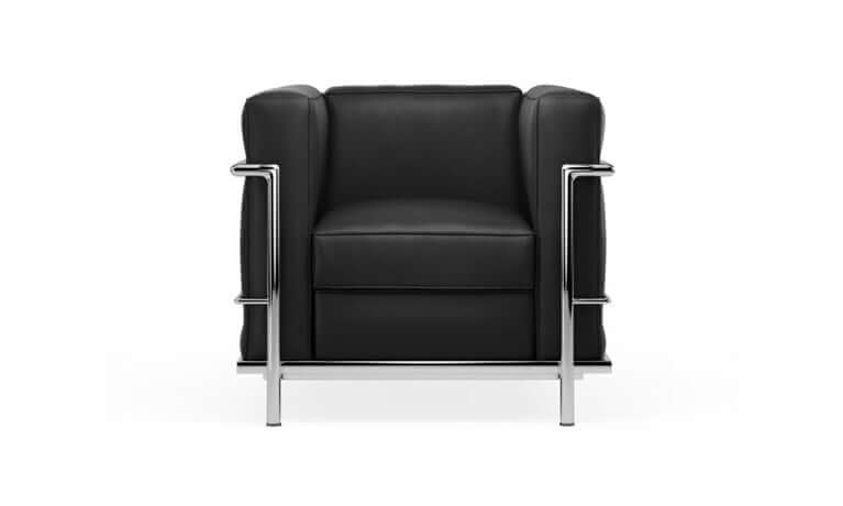 LC2 petite mid century modern black leather armchair with chrome frame, dimensions 29.9" W x 27.6" D x 27.6" H.