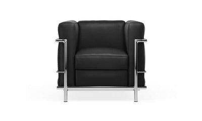 LC2 petite mid century modern black leather armchair with chrome frame, dimensions 29.9" W x 27.6" D x 27.6" H.