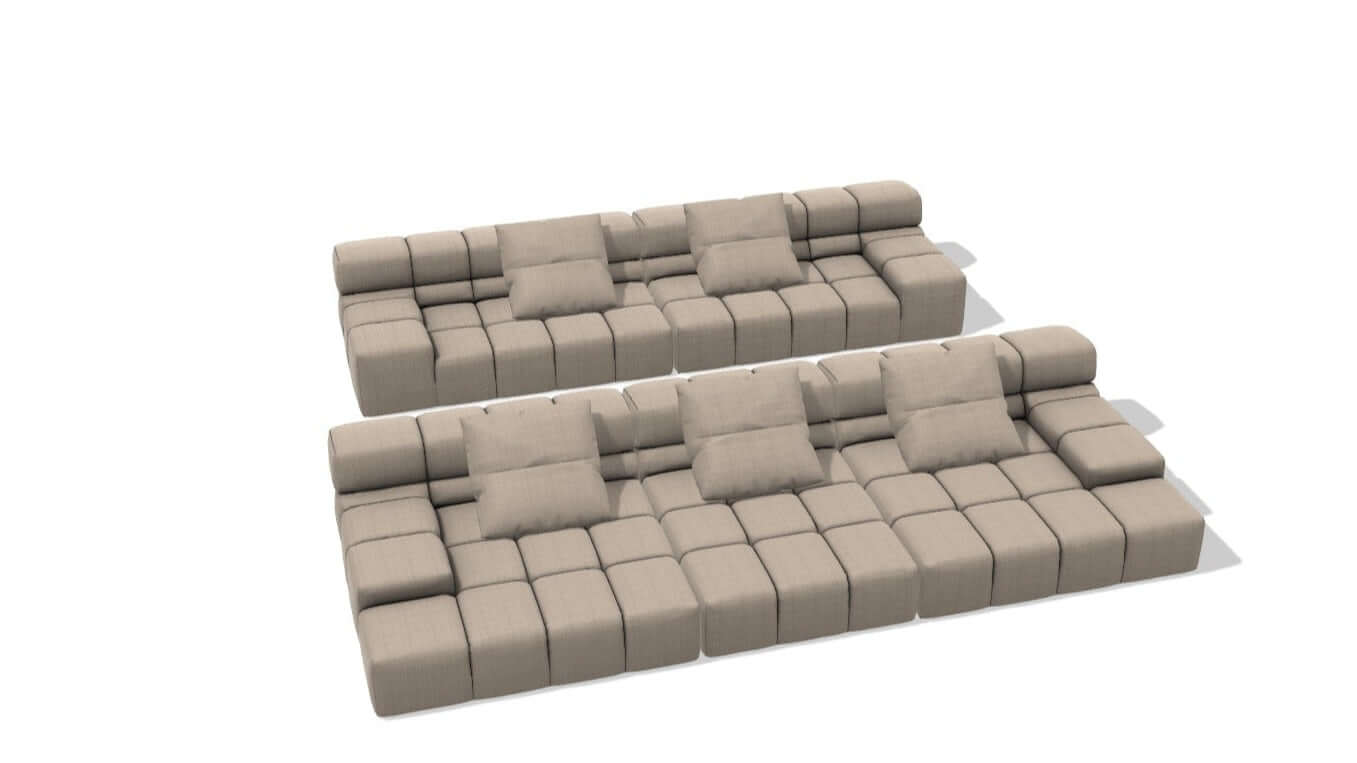 Theater chaise sofas in beige, featuring lower 163in and upper 140in designs, with soft cushions for added comfort.
